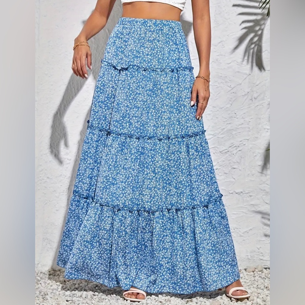 Blue Ditsy Floral Maxi Skirt